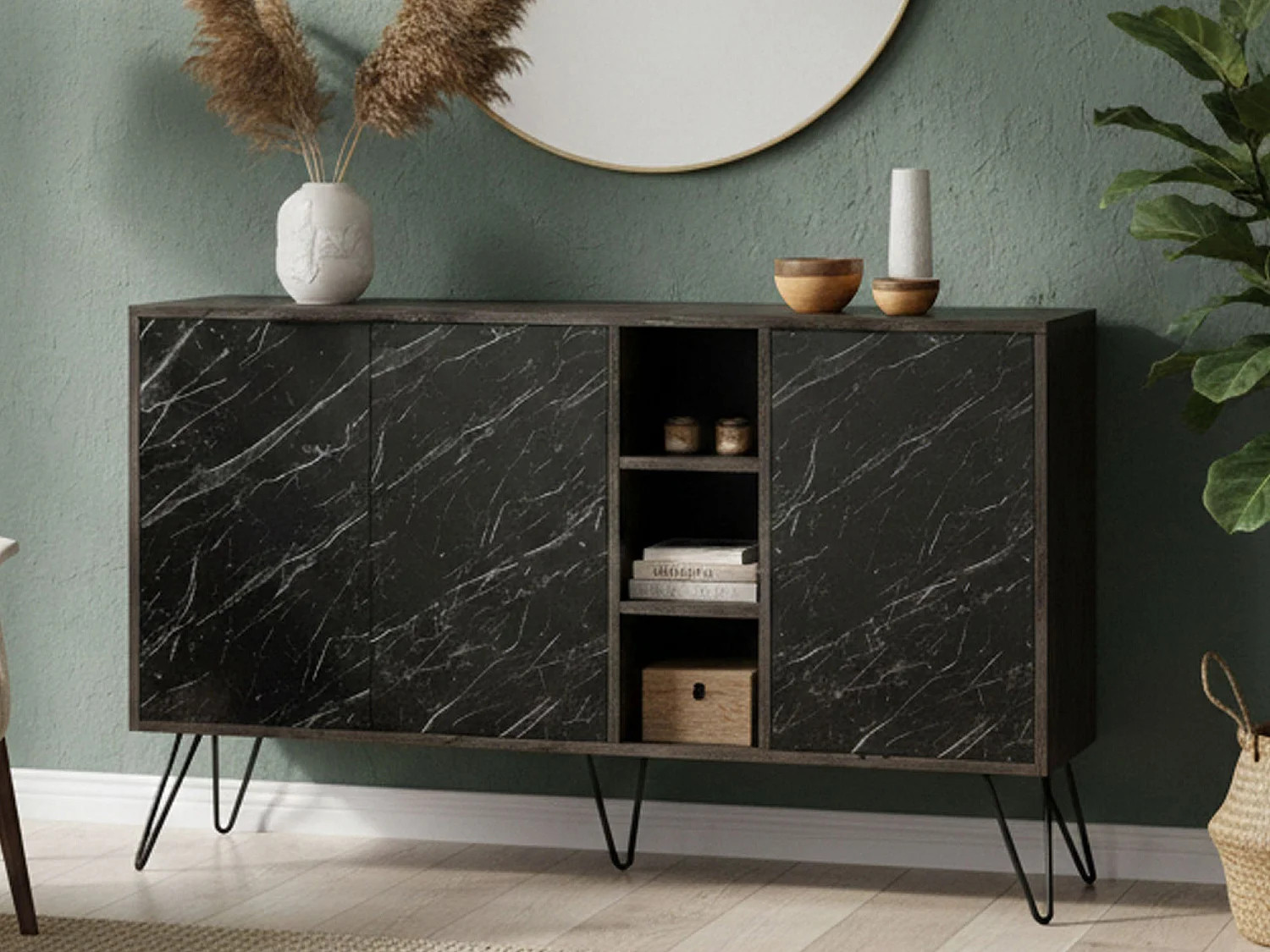 Buffet Perseus, Buffet du salon, Commode de salon, Garde-manger de cuisine, 142x36h83 cm, Marbre Noir