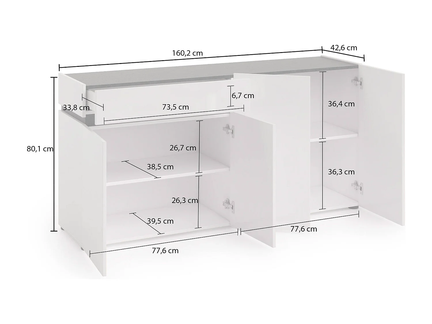 Dmora - Credenza Beinette, 160x42h80 cm, Bianco lucido e Antracite