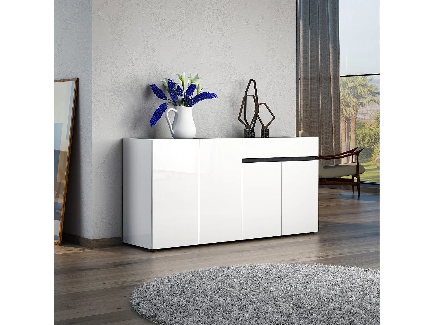 Dmora - Credenza Beinette, 160x42h80 cm, Bianco lucido e Antracite