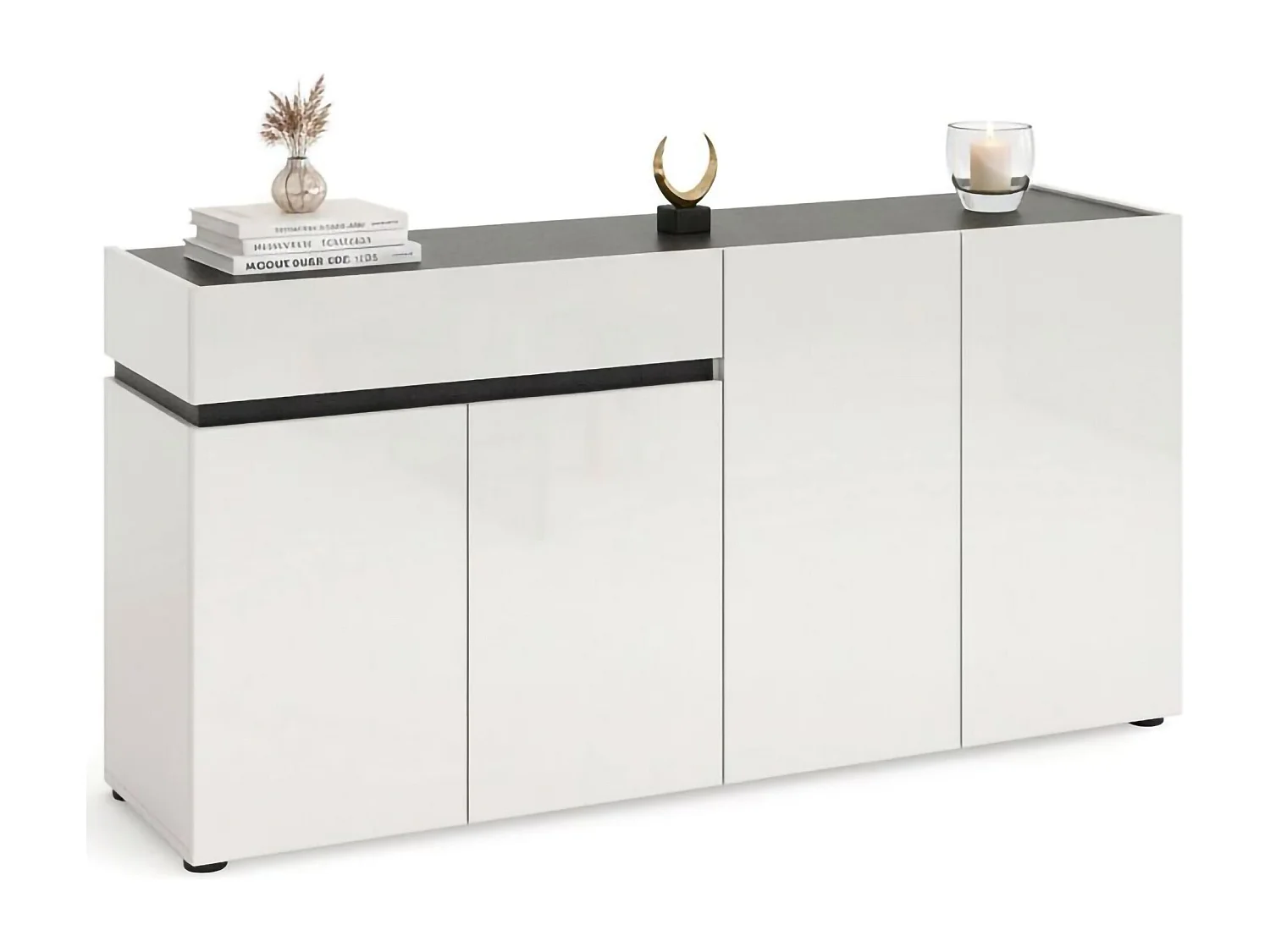 Beinette - Credenza, 42x160x80h cm Bianco Lucido, 2 Ripiani Made in Italy