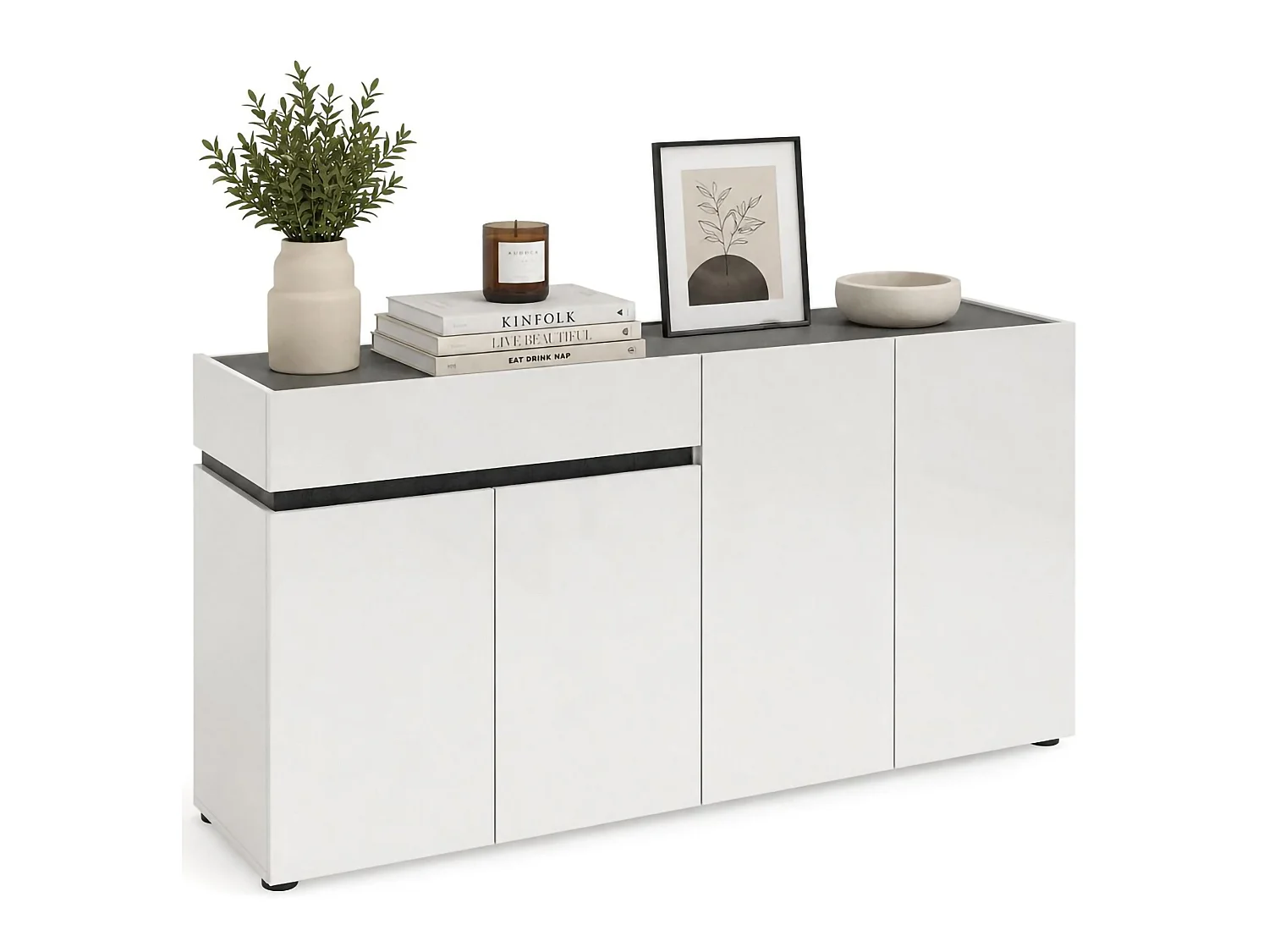 Buffet Beinette, 2 étagères, fabriqué en Italie, 160x42x80h cm blanc brillant, 1 tiroir, 4 portes
