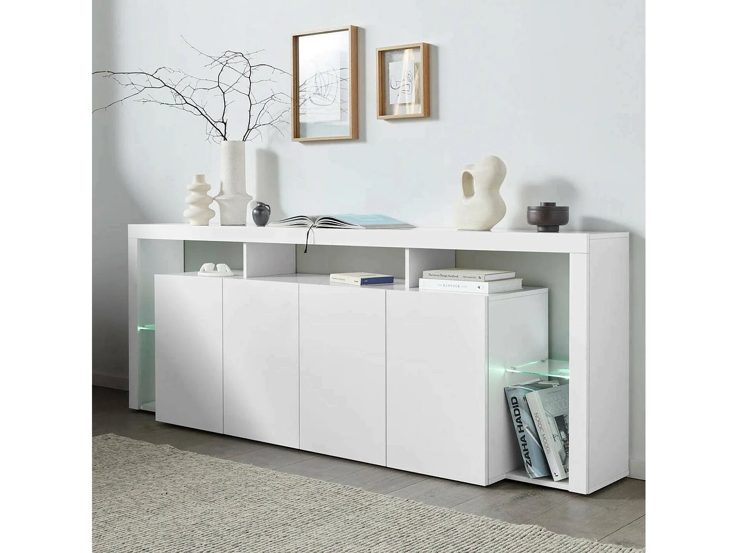 Buffet Wilmer, Buffet de salon 4 portes, Buffet de salon, Buffet moderne, 100% Made in Italy, 220x40h80 cm, Blanc brillant
