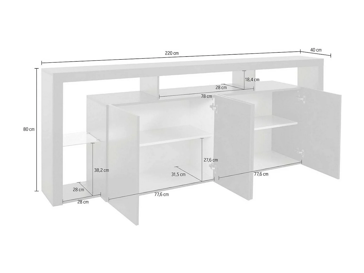 Buffet Wilmer, Buffet de salon 4 portes, Buffet de salon, Buffet moderne, 100% Made in Italy, 220x40h80 cm, Blanc brillant