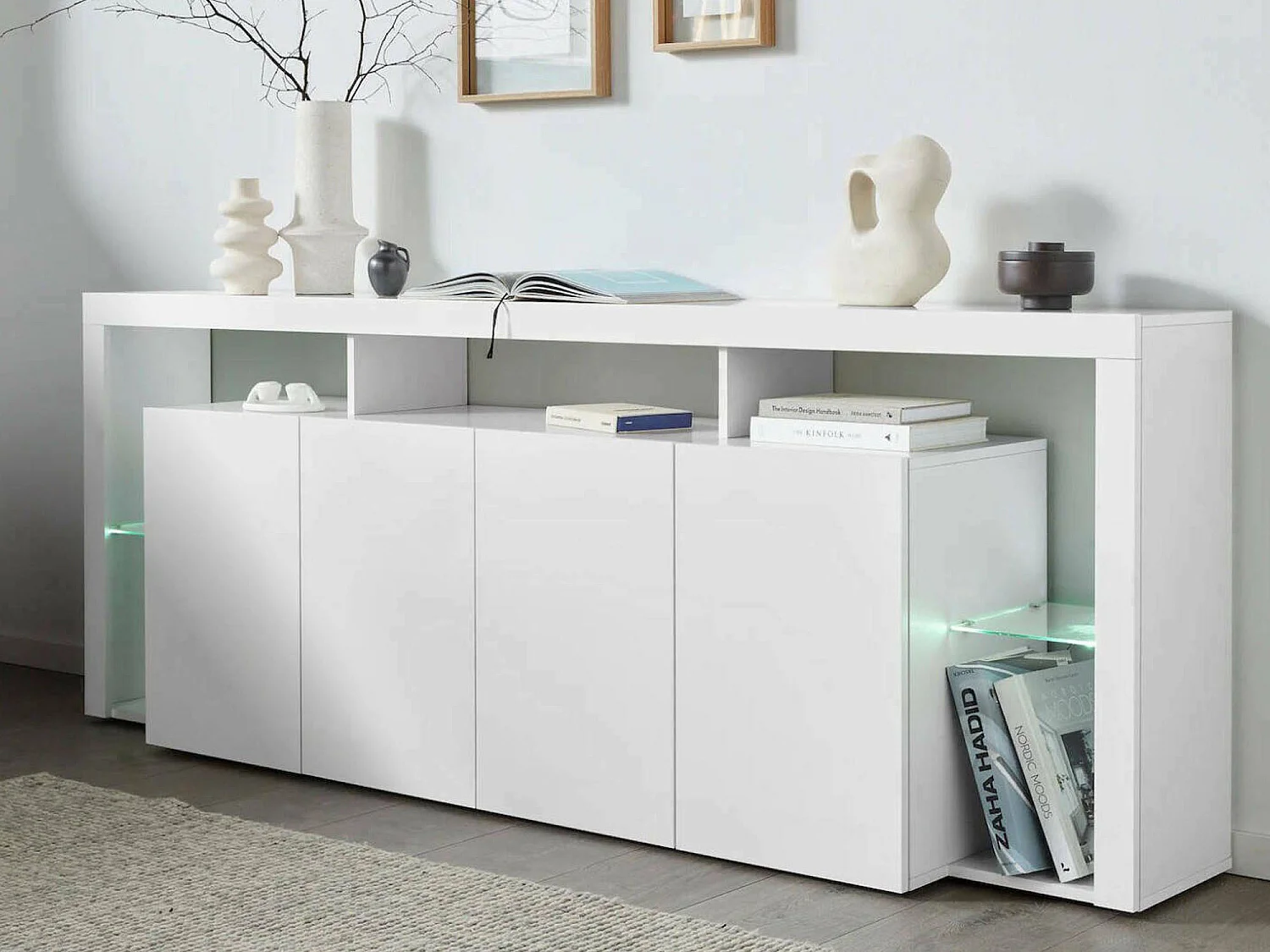 Buffet Wilmer, Buffet de salon 4 portes, Buffet de salon, Buffet moderne, 100% Made in Italy, 220x40h80 cm, Blanc brillant