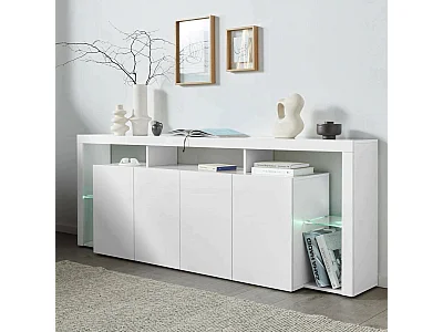 Buffet Wilmer, Buffet de salon 4 portes, Buffet de salon, Buffet moderne, 100% Made in Italy, 220x40h80 cm, Blanc brillant