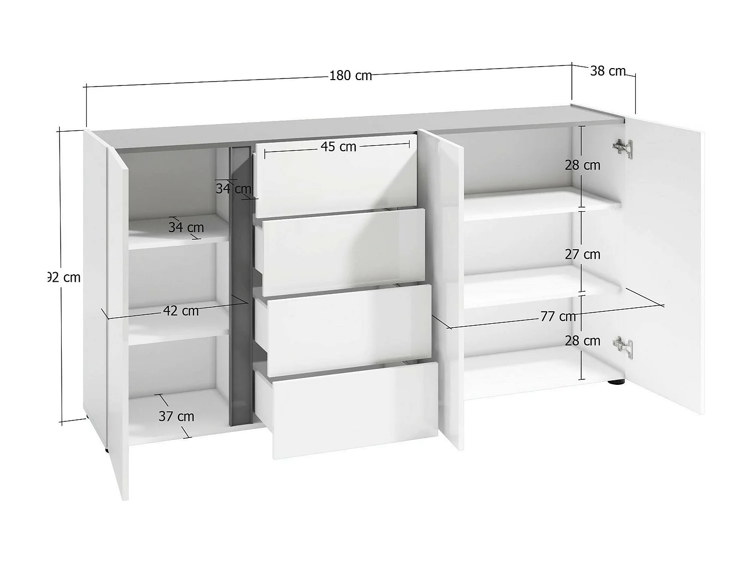 Buffet Banjul, Buffet du salon, Commode de salon, Garde-manger de cuisine, Made in Italy, 180x38h92 cm, Blanc brillant et anthracite