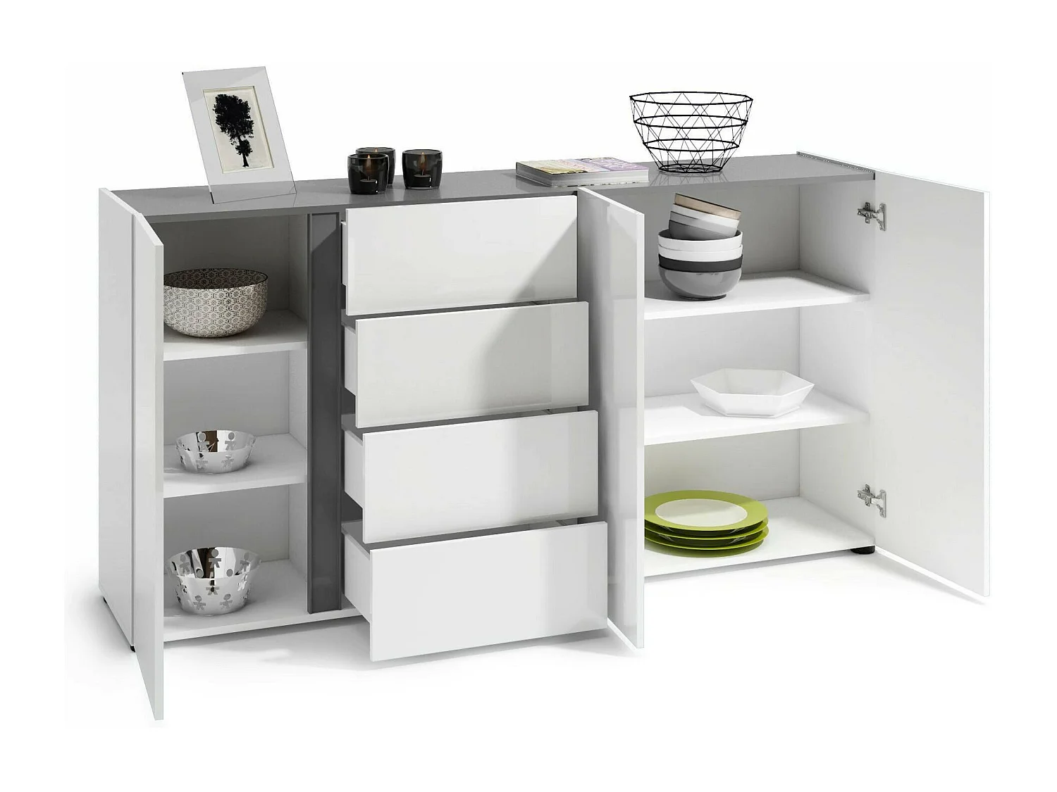 Buffet Banjul, Buffet du salon, Commode de salon, Garde-manger de cuisine, Made in Italy, 180x38h92 cm, Blanc brillant et anthracite