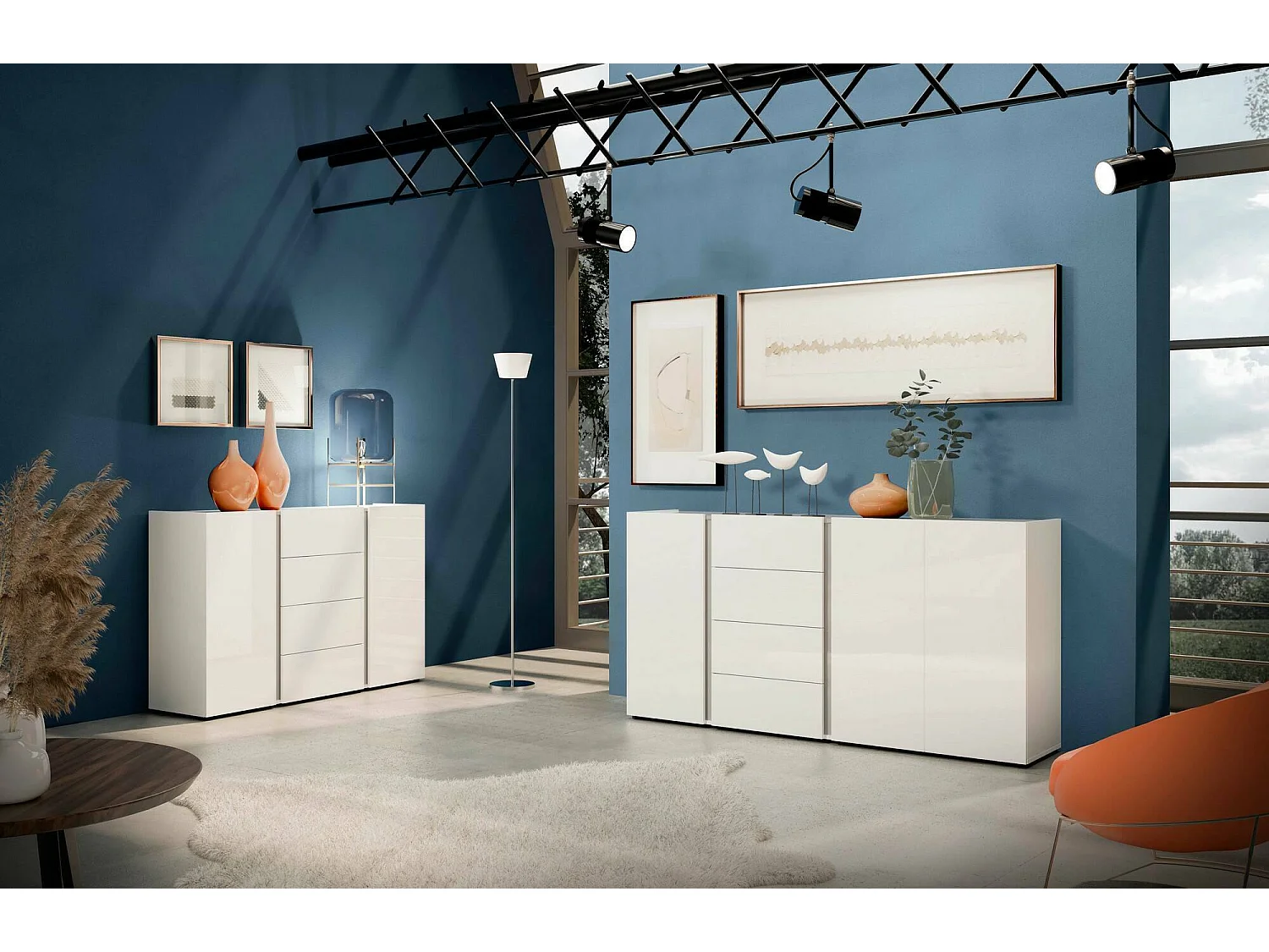 Buffet Banjul, Buffet du salon, Commode de salon, Garde-manger de cuisine, Made in Italy, 180x38h92 cm, Blanc brillant et anthracite