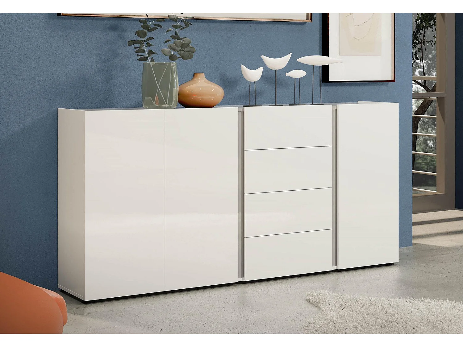 Aparador Dbjarnaso, Buffet de sala, Madia de sala, Despensa de cozinha, Made in Italy, 180x38h92 cm, Branco brilhante e Antracite