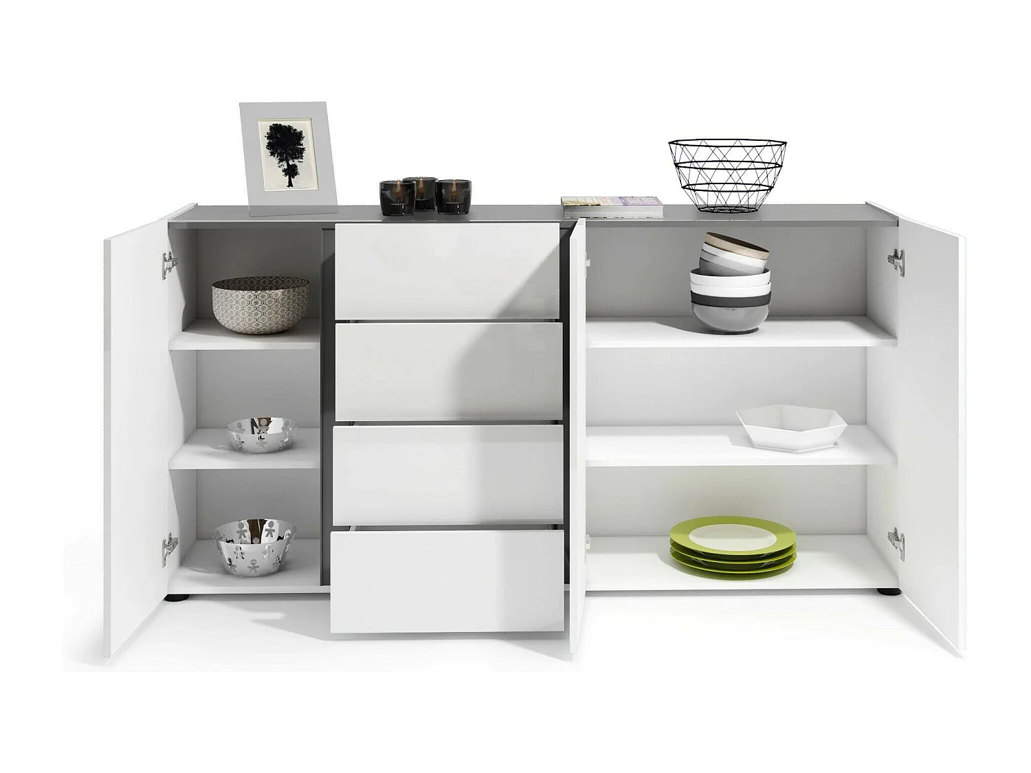 Aparador Dbjarnaso, Buffet de sala, Madia de sala, Despensa de cozinha, Made in Italy, 180x38h92 cm, Branco brilhante e Antracite
