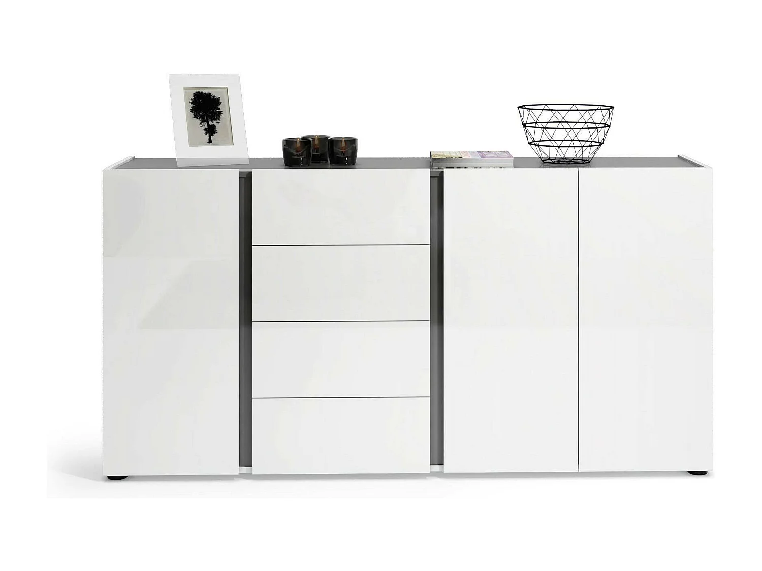 Aparador Dbjarnaso, Buffet de sala, Madia de sala, Despensa de cozinha, Made in Italy, 180x38h92 cm, Branco brilhante e Antracite