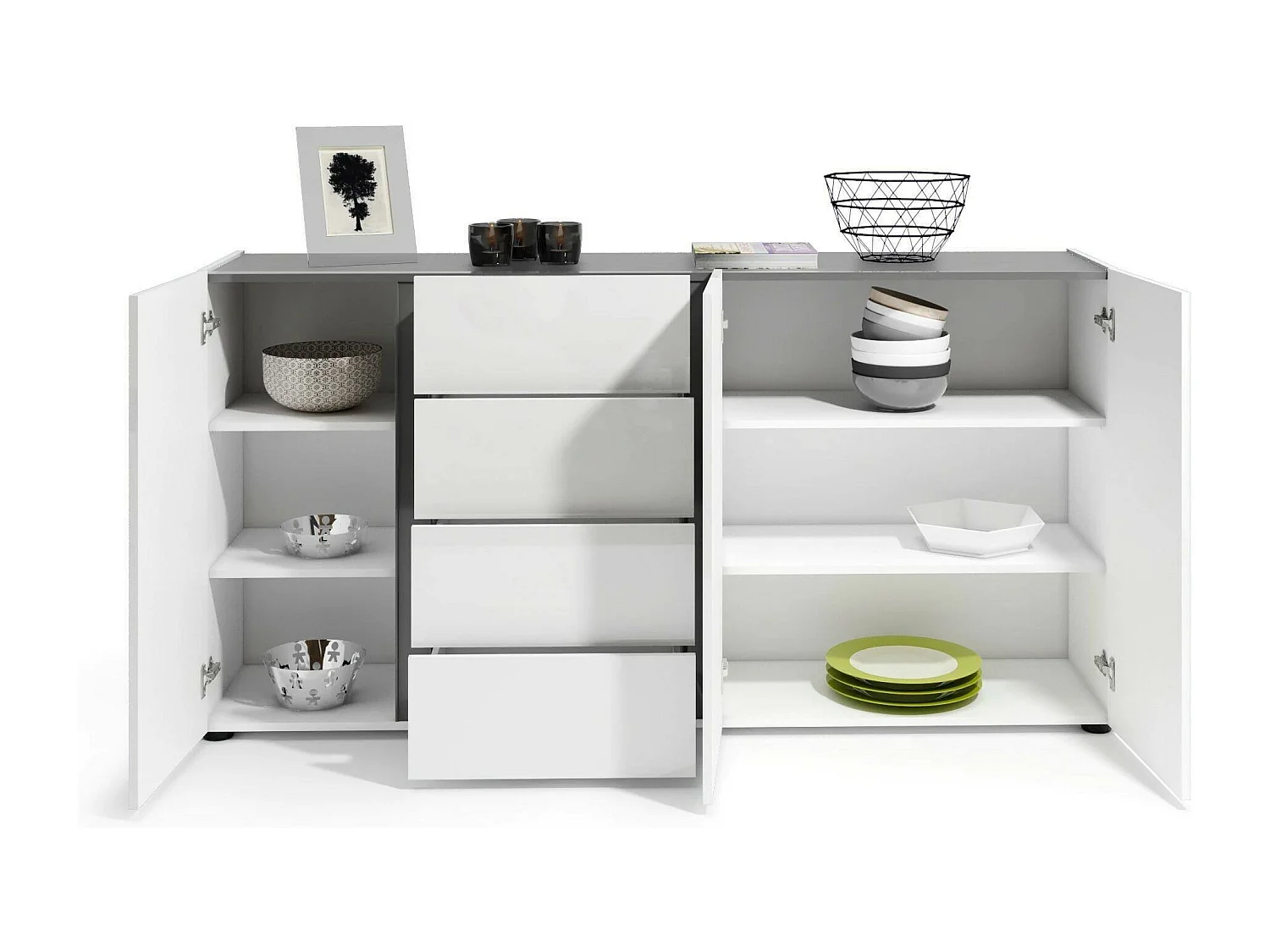 Aparador Dbjarnaso, Buffet de sala, Madia de sala, Despensa de cozinha, Made in Italy, 180x38h92 cm, Branco brilhante e Antracite