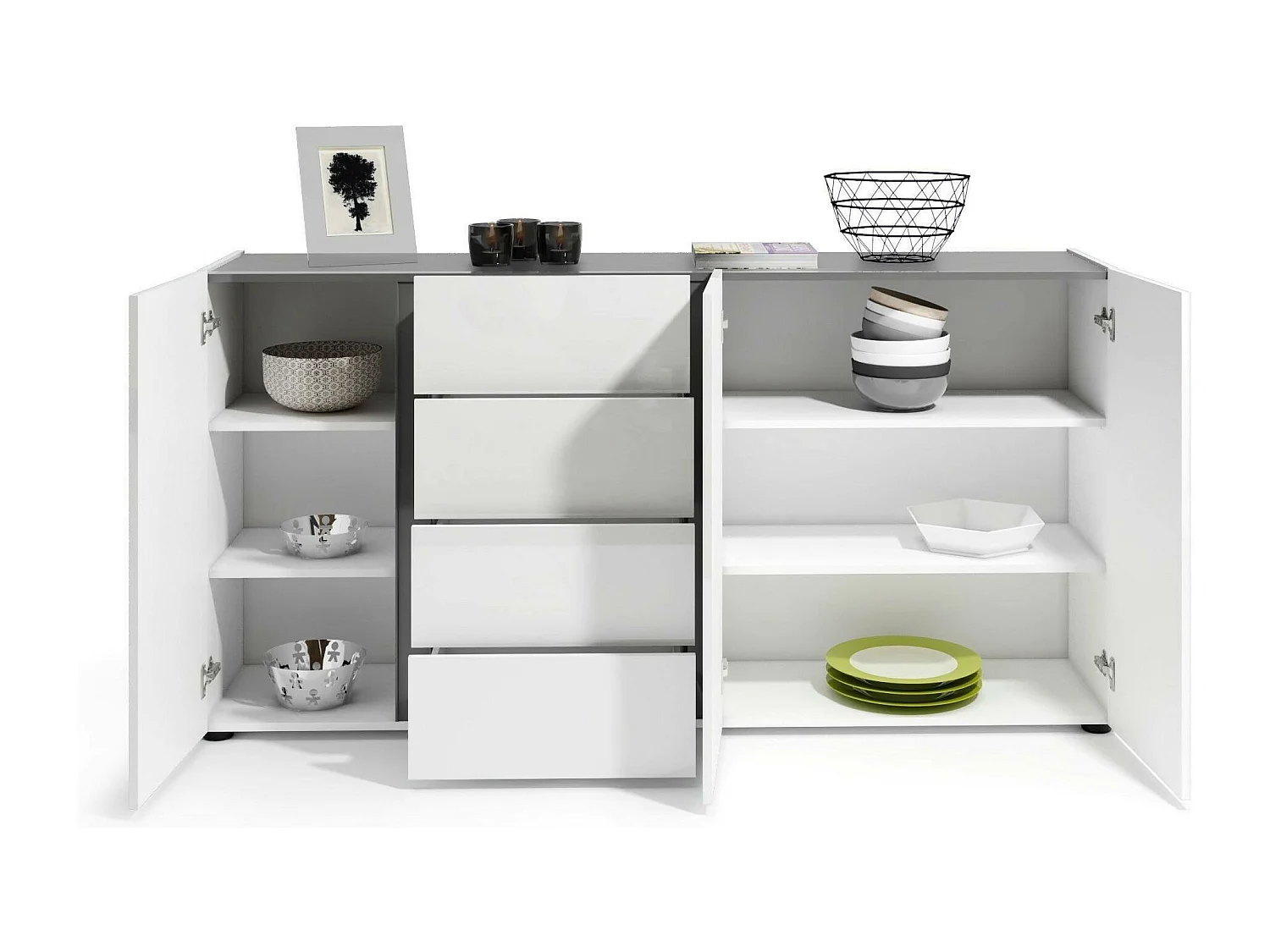 Buffet Banjul, Buffet du salon, Commode de salon, Garde-manger de cuisine, Made in Italy, 180x38h92 cm, Blanc brillant et anthracite