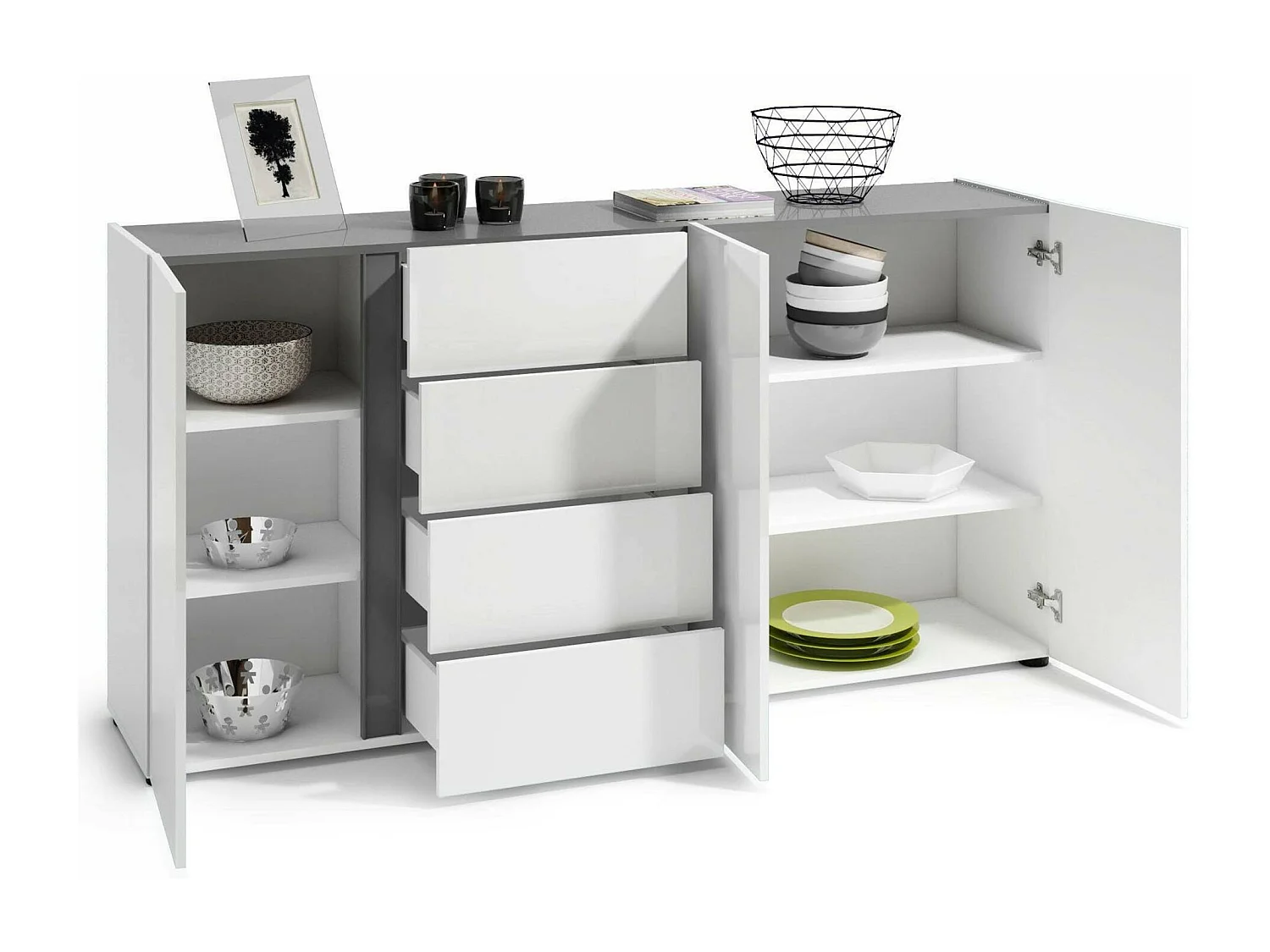 Buffet Banjul, Buffet du salon, Commode de salon, Garde-manger de cuisine, Made in Italy, 180x38h92 cm, Blanc brillant et anthracite