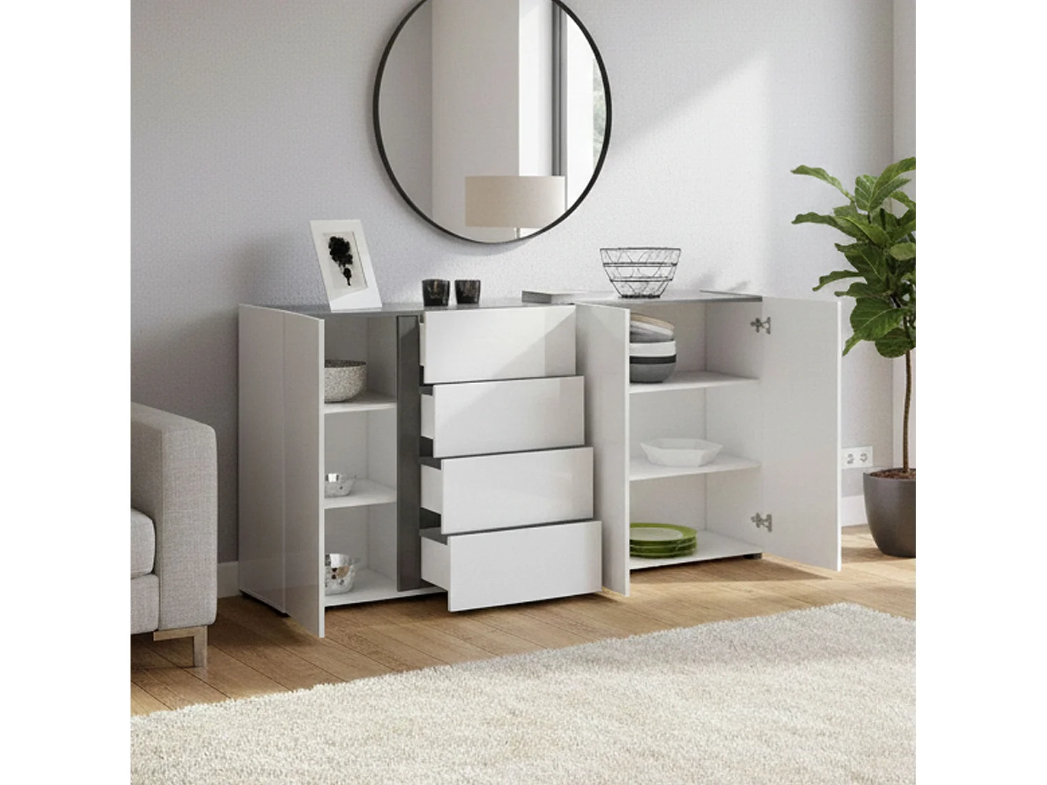 Buffet Banjul, Buffet du salon, Commode de salon, Garde-manger de cuisine, Made in Italy, 180x38h92 cm, Blanc brillant et anthracite