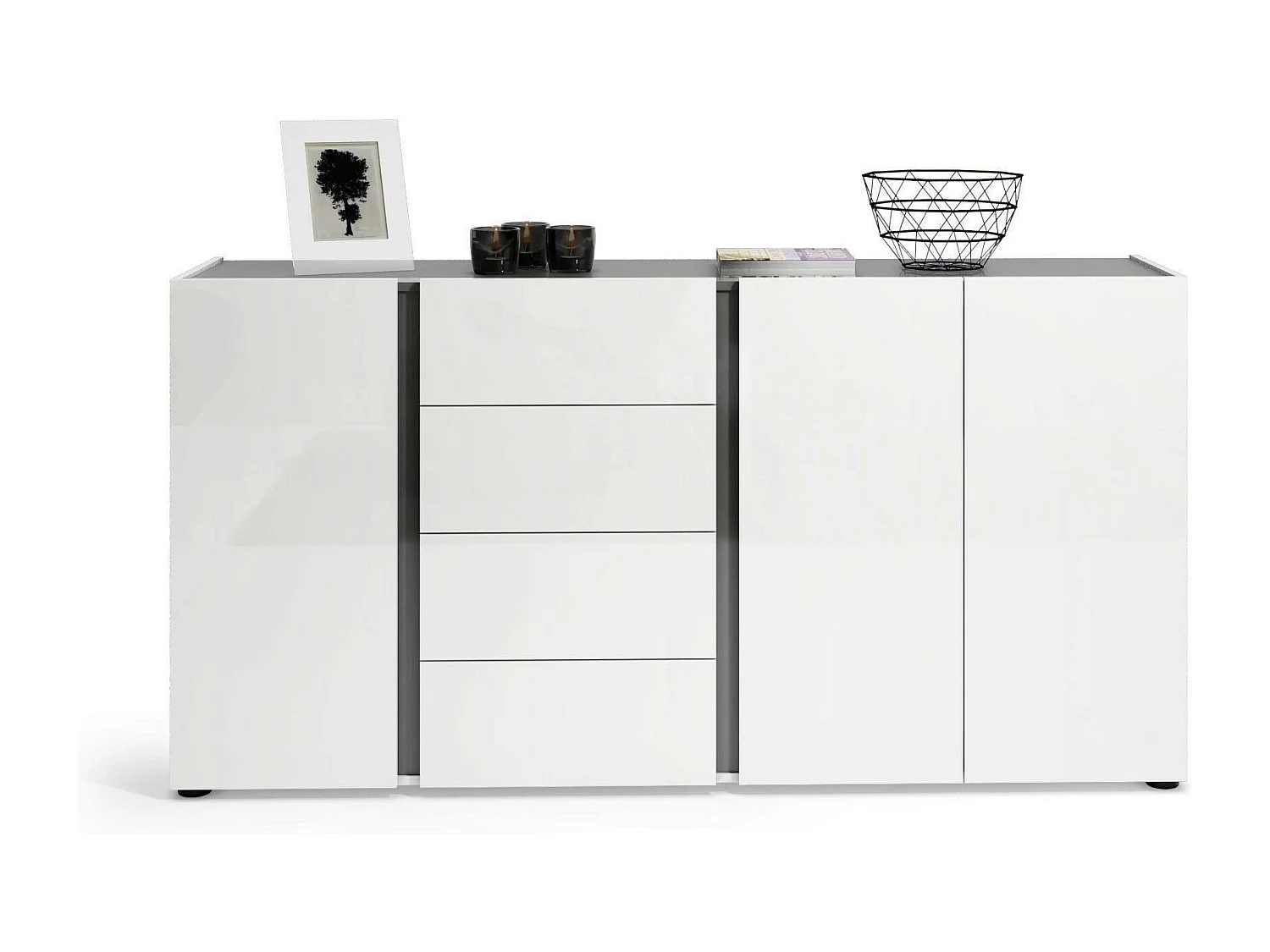 Buffet Banjul, Buffet du salon, Commode de salon, Garde-manger de cuisine, Made in Italy, 180x38h92 cm, Blanc brillant et anthracite