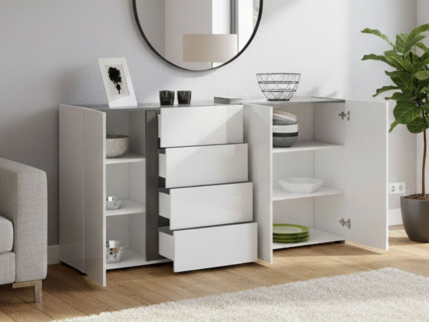 Aparador Dbjarnaso, Bufé de salón, Aparador de salón, Despensa de cocina, Made in Italy, 180x38h92 cm, Blanco brillante y Antracita