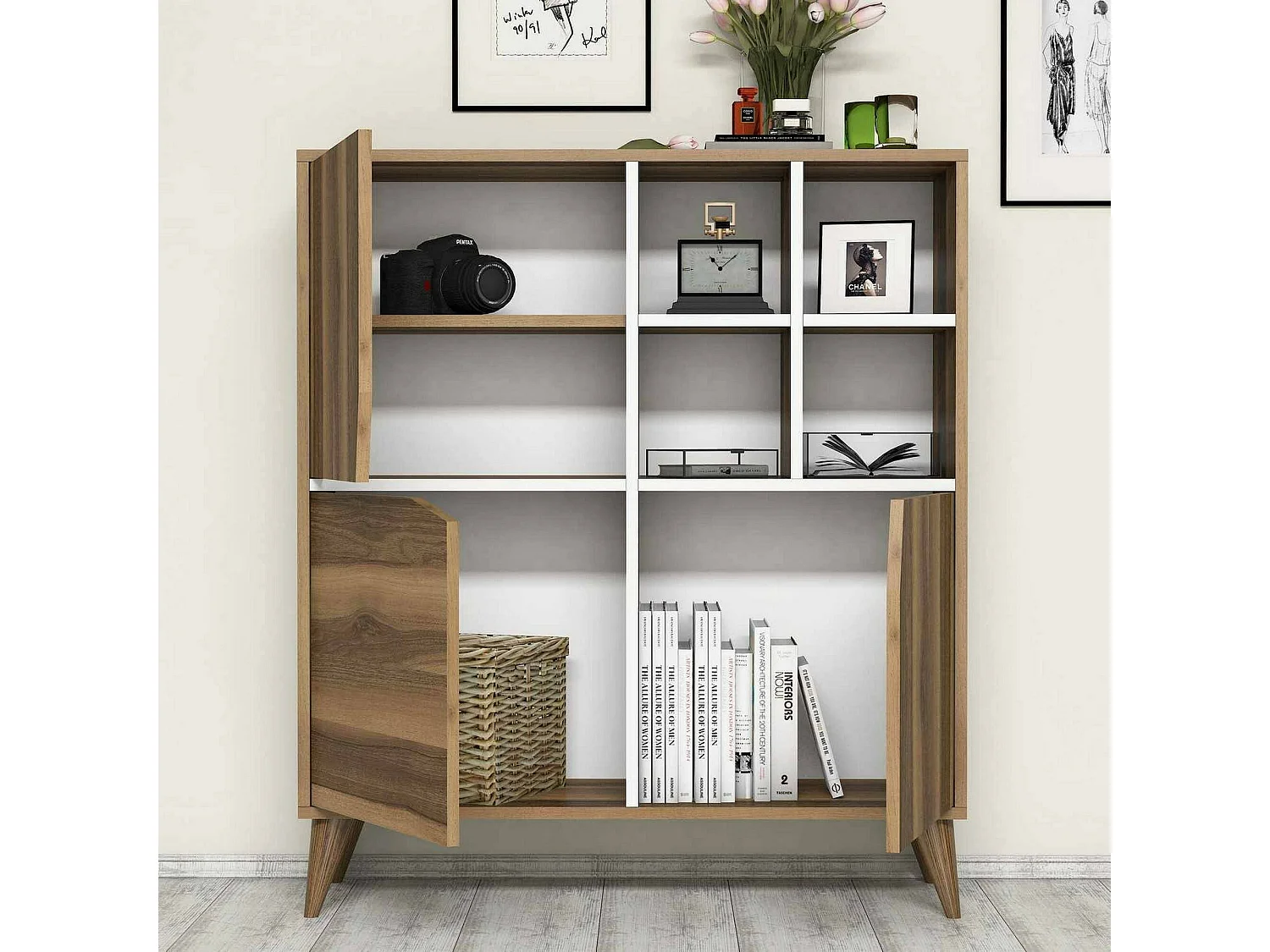 Aparador Dpolitan, Buffet deSala de estar, sala de estar, despensa de cozinha, 100x30h115 cm, nogueira e branco