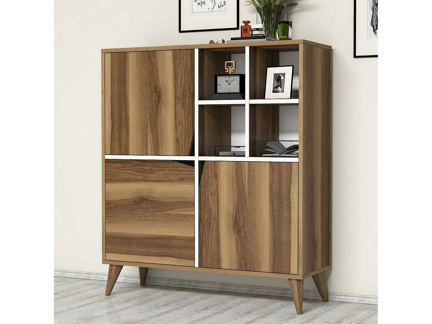 Aparador Dpolitan, Buffet deSala de estar, sala de estar, despensa de cozinha, 100x30h115 cm, nogueira e branco