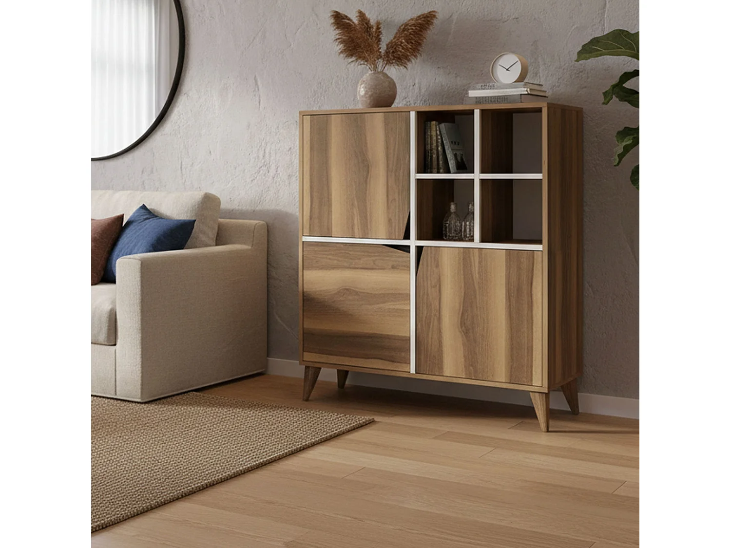 Buffet Wazn, Buffet du salon, Commode de salon, Garde-manger de cuisine, 100x30h115 cm, Noyer et Blanc