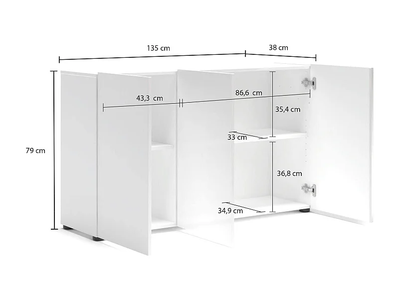 Buffet Polokwane, Buffet du salon, Commode de salon, Garde-manger de cuisine, Made in Italy, 135x38h79 cm, Blanc brillant