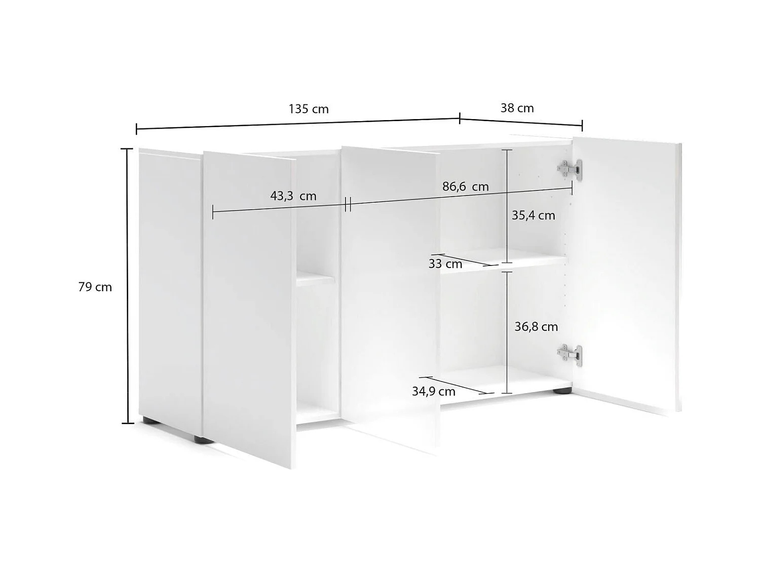 Aparador Dferraguzz, Buffet de sala, Madia de sala, Despensa de cozinha, Made in Italy, 135x38h79 cm, Branco brilhante