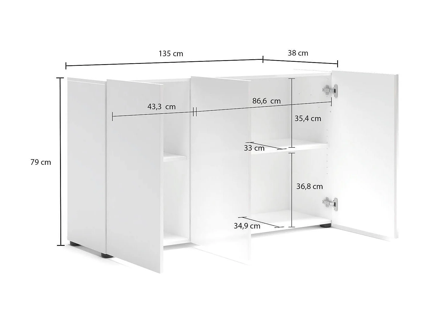 Buffet Polokwane, Buffet du salon, Commode de salon, Garde-manger de cuisine, Made in Italy, 135x38h79 cm, Blanc brillant