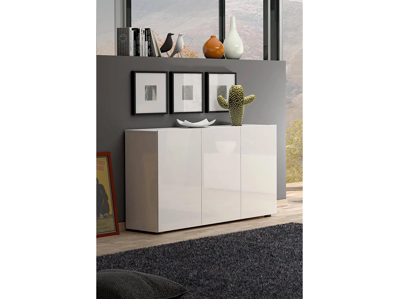 Buffet Polokwane, Buffet du salon, Commode de salon, Garde-manger de cuisine, Made in Italy, 135x38h79 cm, Blanc brillant