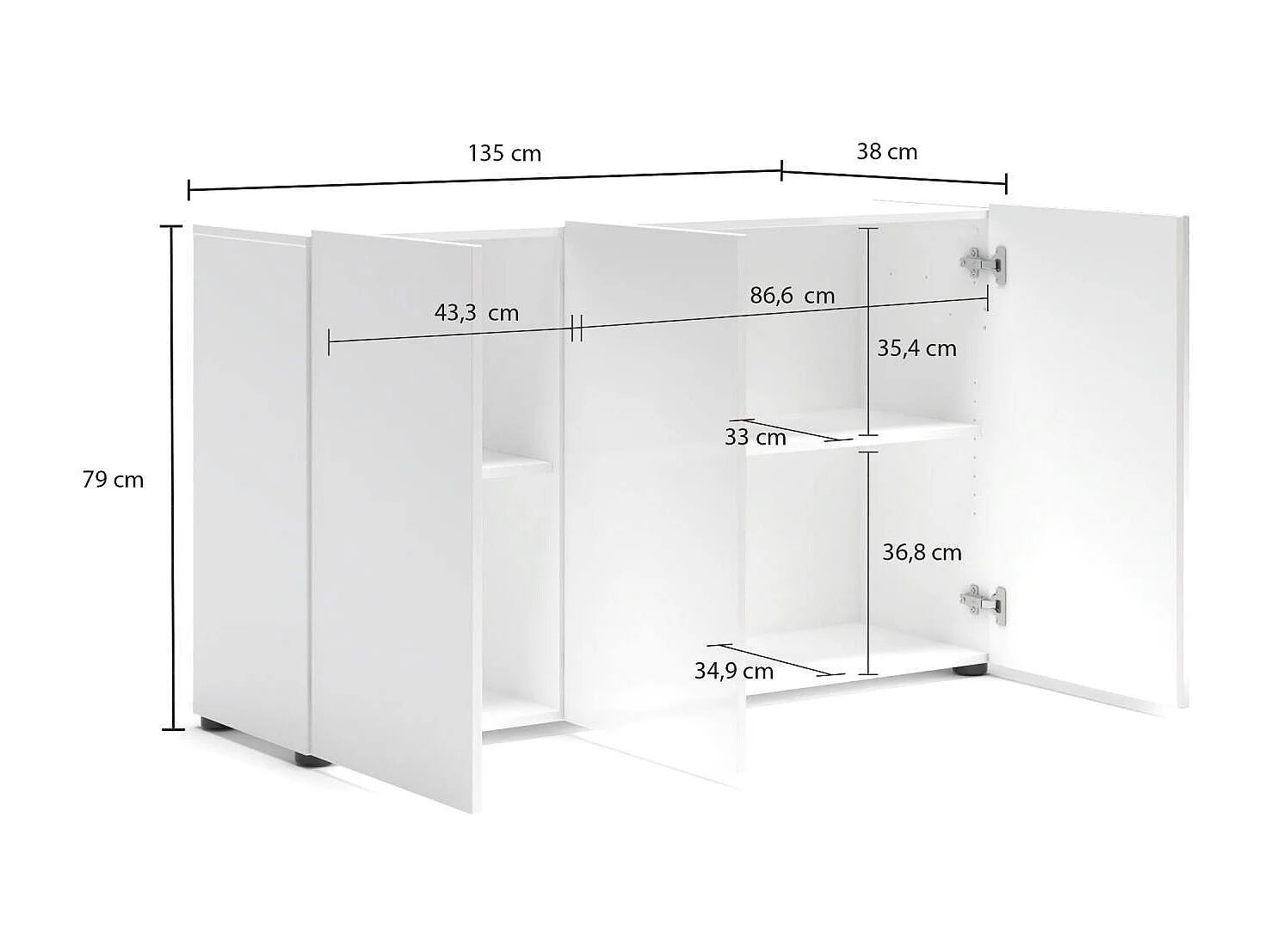 Buffet Polokwane, Buffet du salon, Commode de salon, Garde-manger de cuisine, Made in Italy, 135x38h79 cm, Blanc brillant