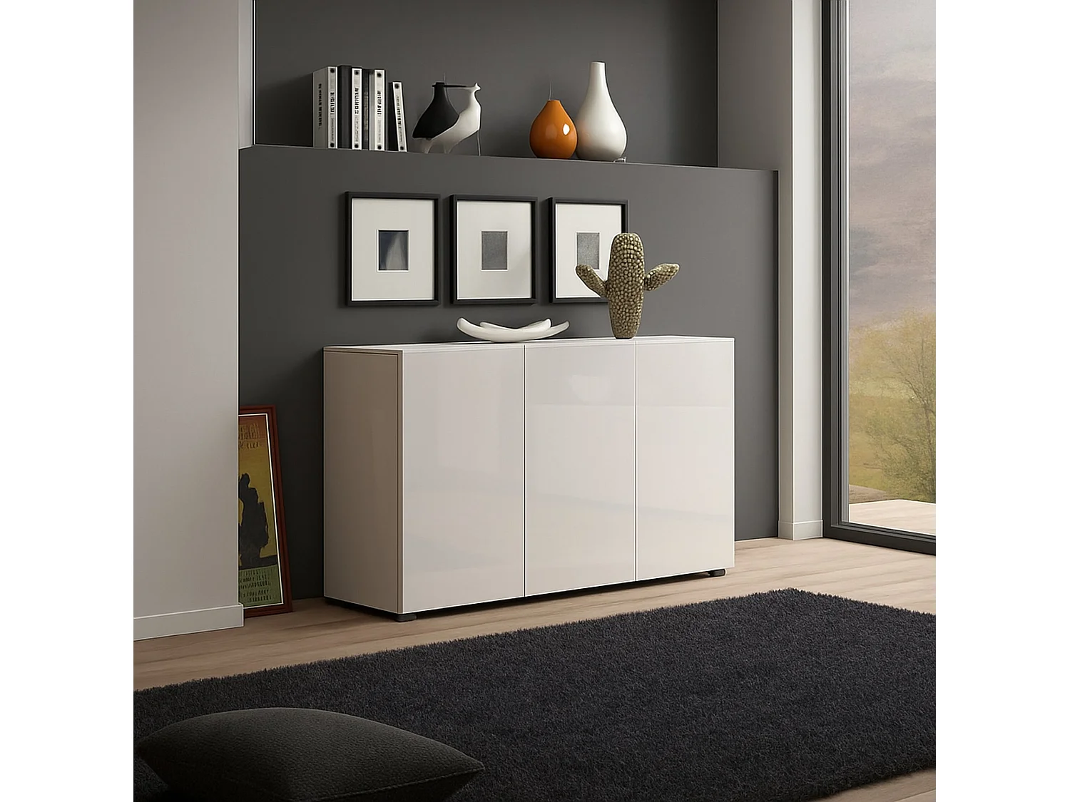 Buffet Polokwane, Buffet du salon, Commode de salon, Garde-manger de cuisine, Made in Italy, 135x38h79 cm, Blanc brillant