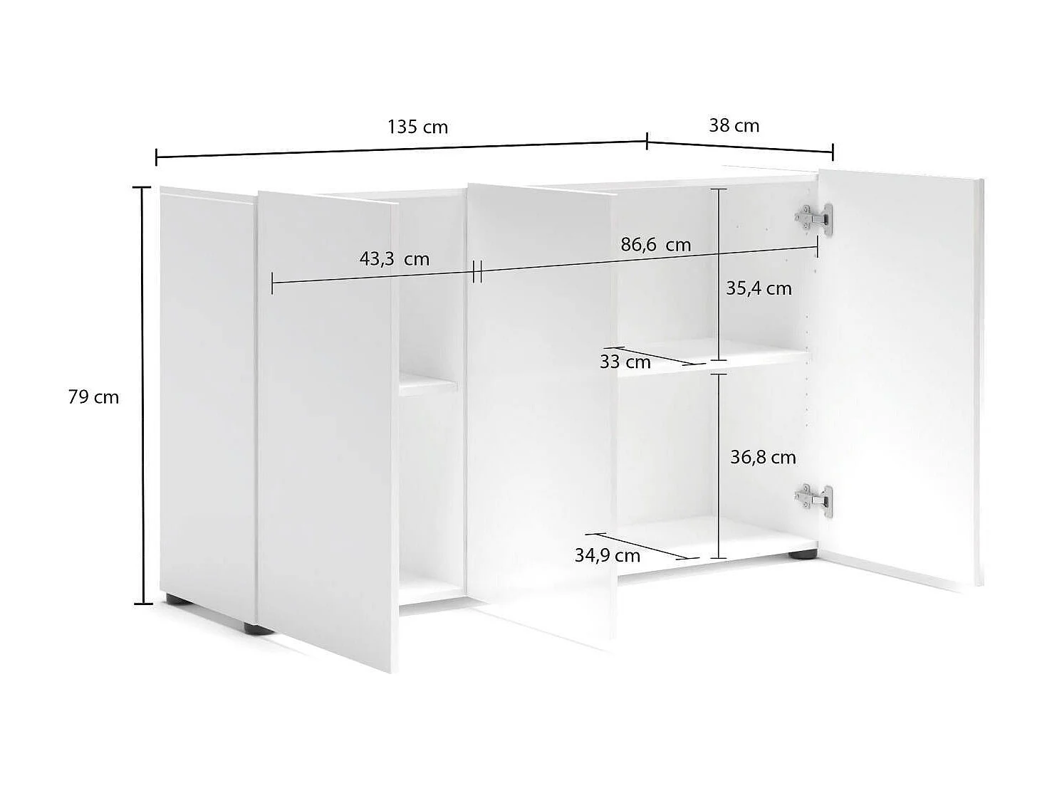 Buffet Polokwane, Buffet du salon, Commode de salon, Garde-manger de cuisine, Made in Italy, 135x38h79 cm, Blanc brillant