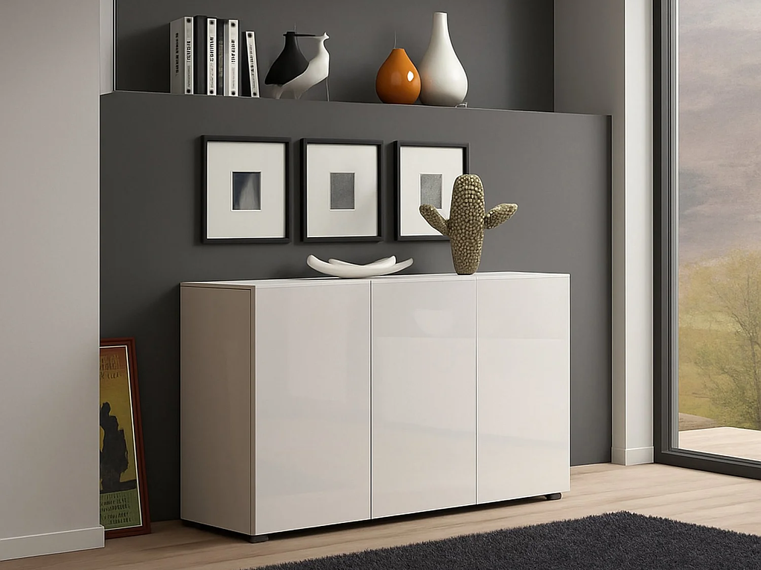 Aparador Dferraguzz, Buffet de sala, Madia de sala, Despensa de cozinha, Made in Italy, 135x38h79 cm, Branco brilhante