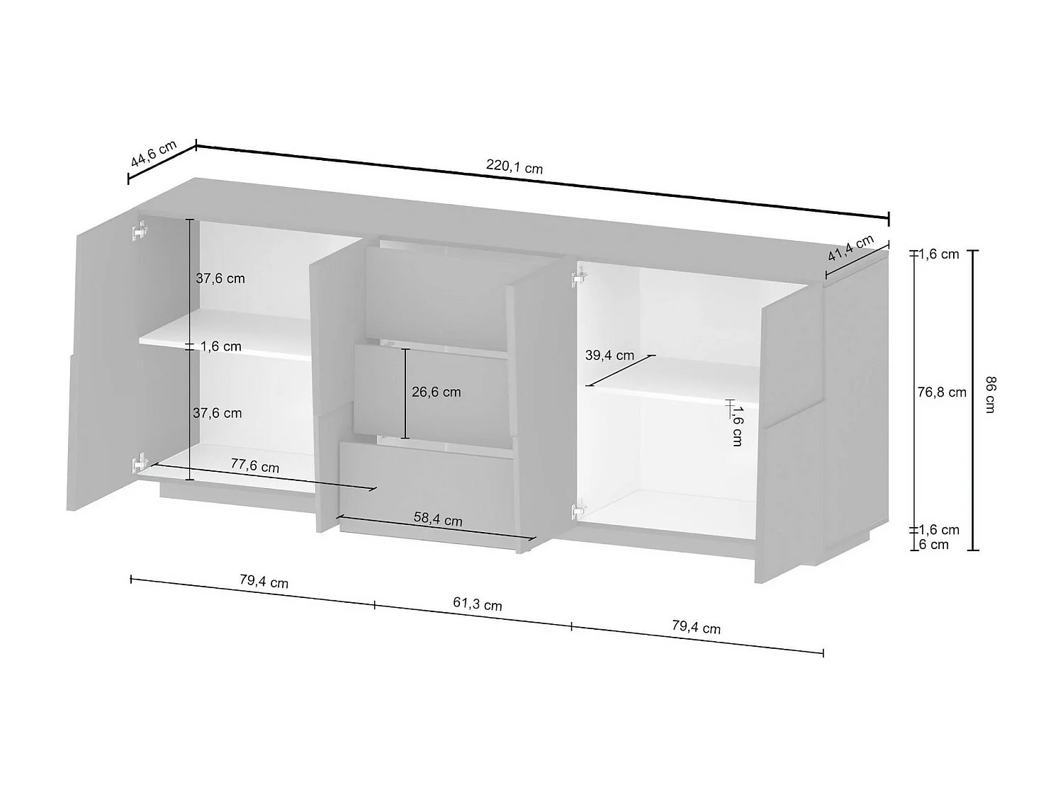 Credenza Ddamsgaar, loungebuffet, Madia da salottOf met 4 deuren en 3 laden, 220x44h86 cm, Antraciet