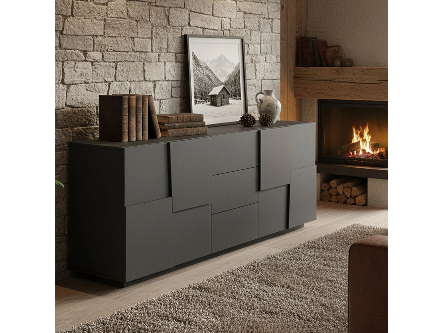 Credenza Ddamsgaar, loungebuffet, Madia da salottOf met 4 deuren en 3 laden, 220x44h86 cm, Antraciet