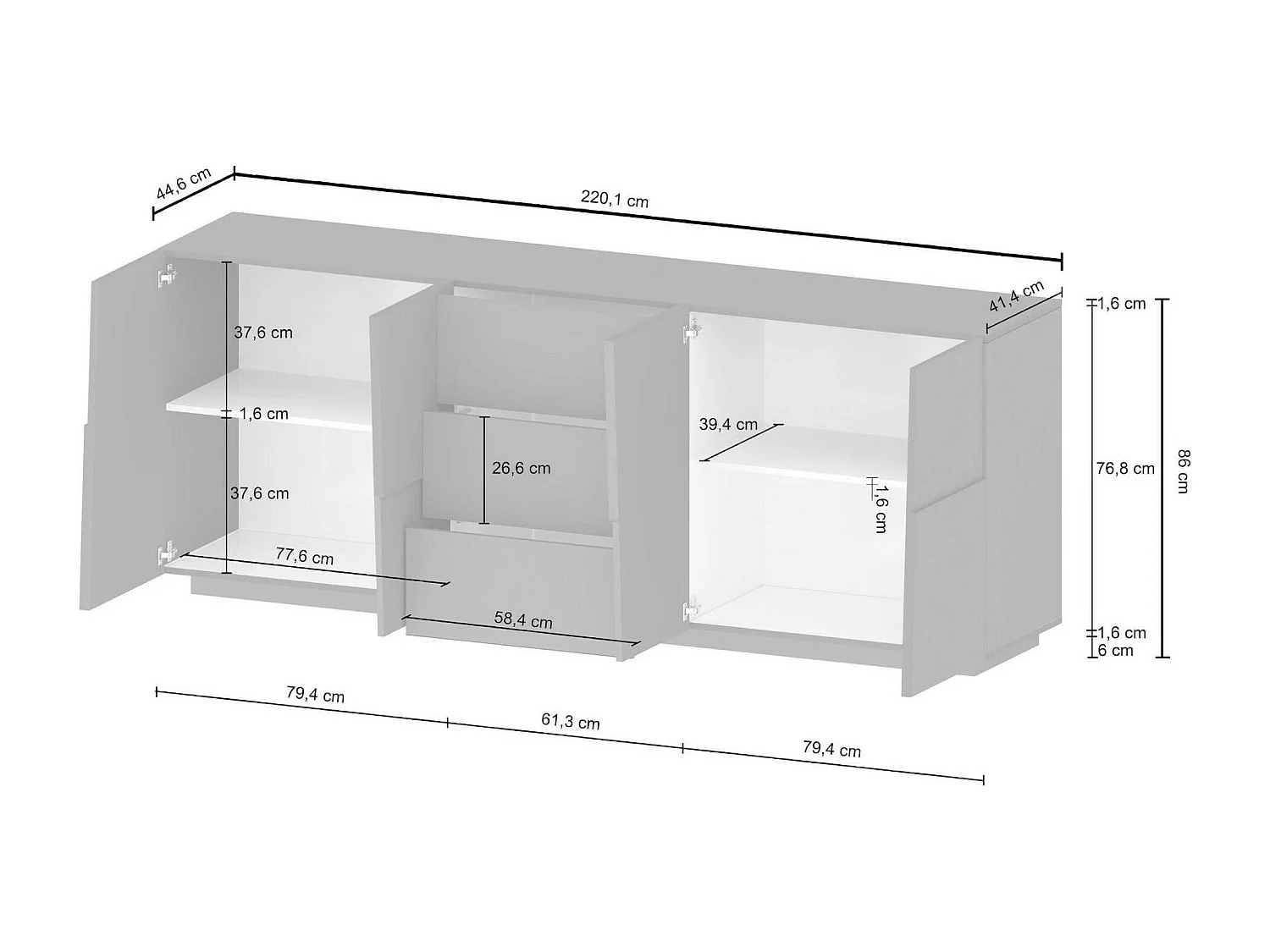 Credenza Ddamsgaar, loungebuffet, Madia da salottOf met 4 deuren en 3 laden, 220x44h86 cm, Antraciet
