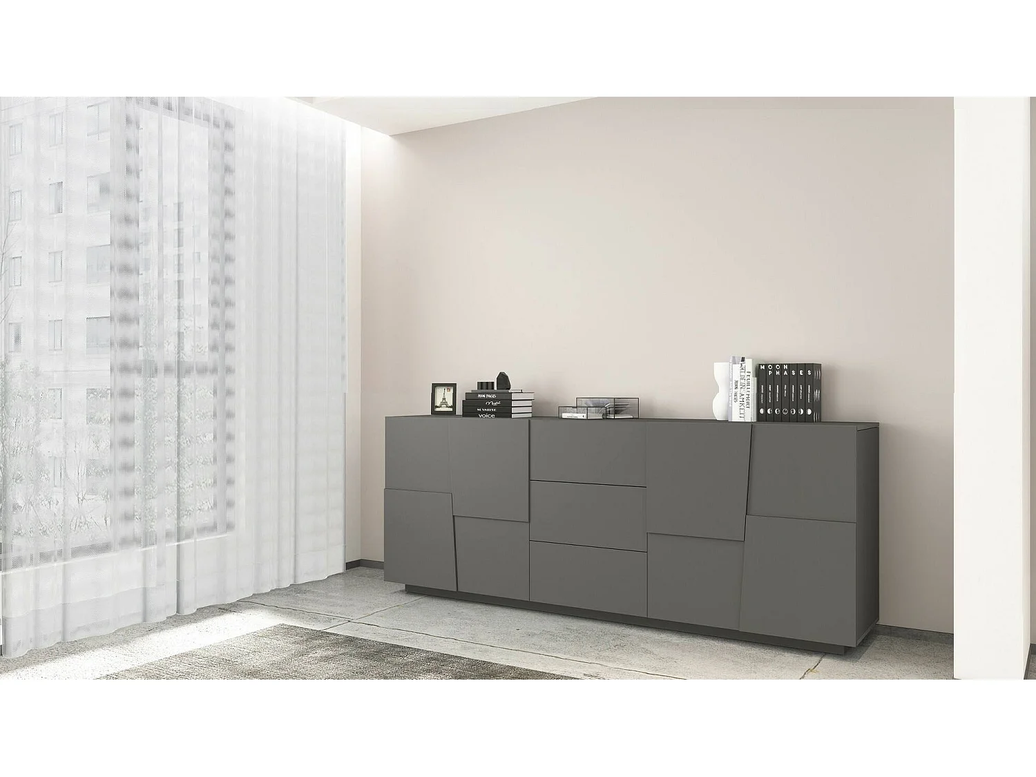 Aparador Ddamsgaar, Buffet de sala, Madia da salaOu com 4 portas e 3 gavetas, 220x44h86 cm, Antracite