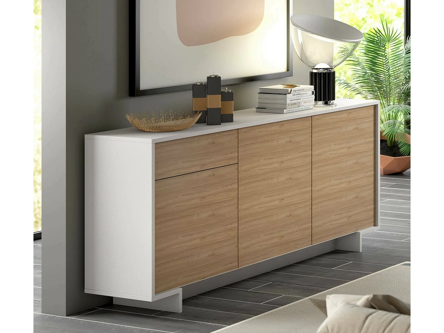 Buffet Agrifoglio, Buffet de salon, Buffet de salon avec 3 portes et 1 tiroir, 100% Made in Italy, 170x42h78 cm, Blanc et Chêne