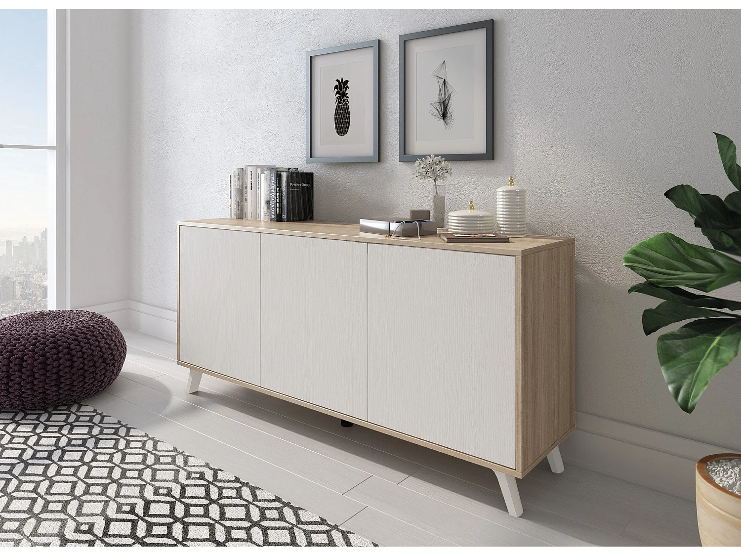 Aparador Dabaid, Bufé de salón, Aparador de salón, Despensa de cocina, 154x40h72 cm, Roble y Blanco