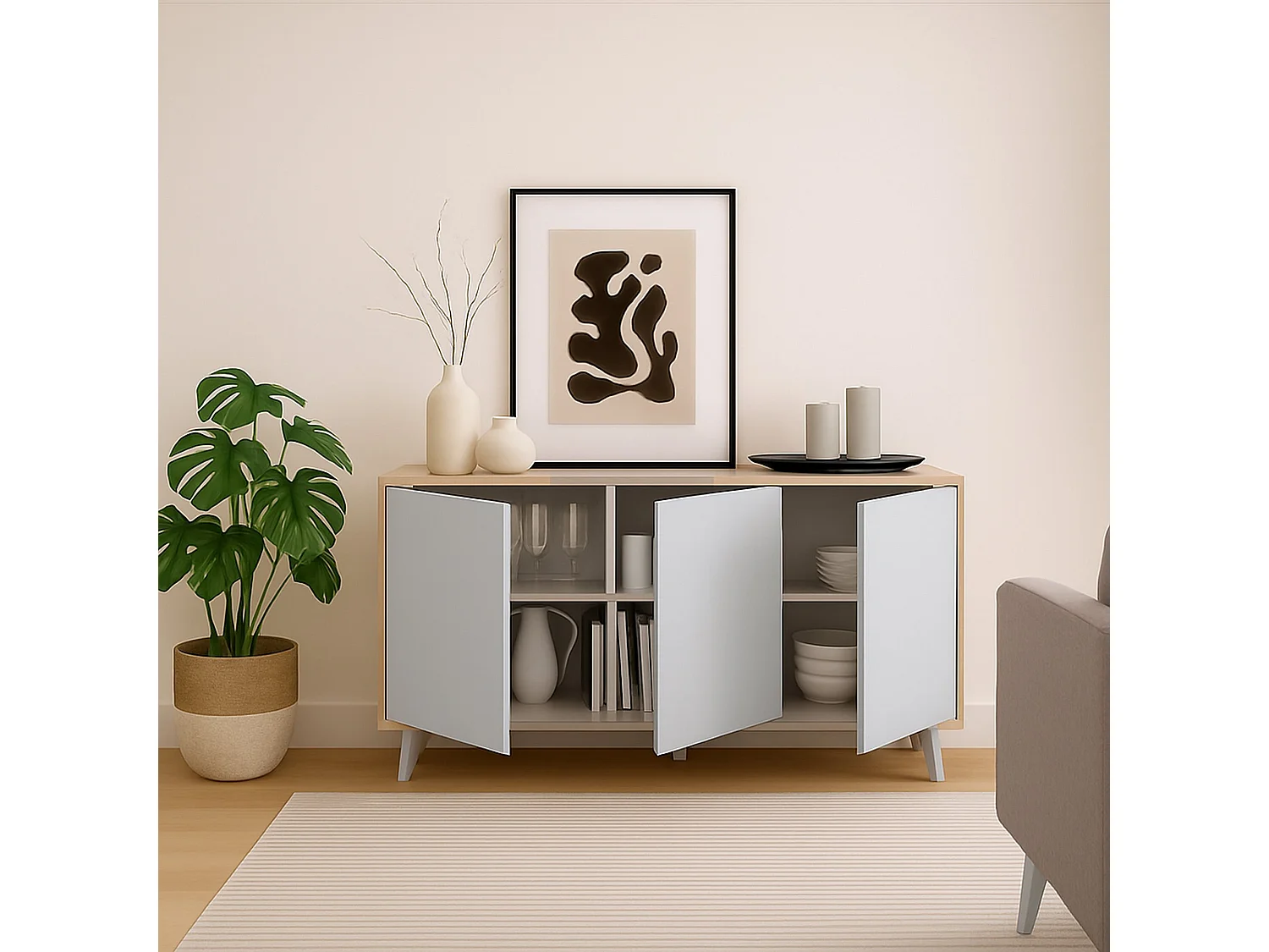 Buffet Weddell, Buffet du salon, Commode de salon, Garde-manger de cuisine, 154x40h72 cm, Chêne clair et Blanc