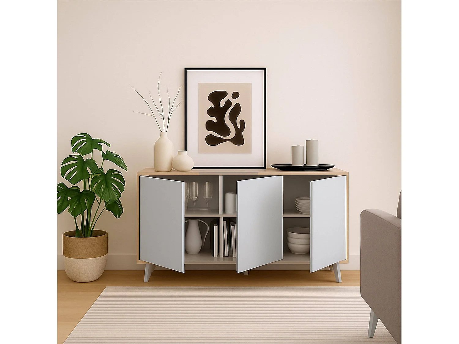 Buffet Weddell, Buffet du salon, Commode de salon, Garde-manger de cuisine, 154x40h72 cm, Chêne clair et Blanc