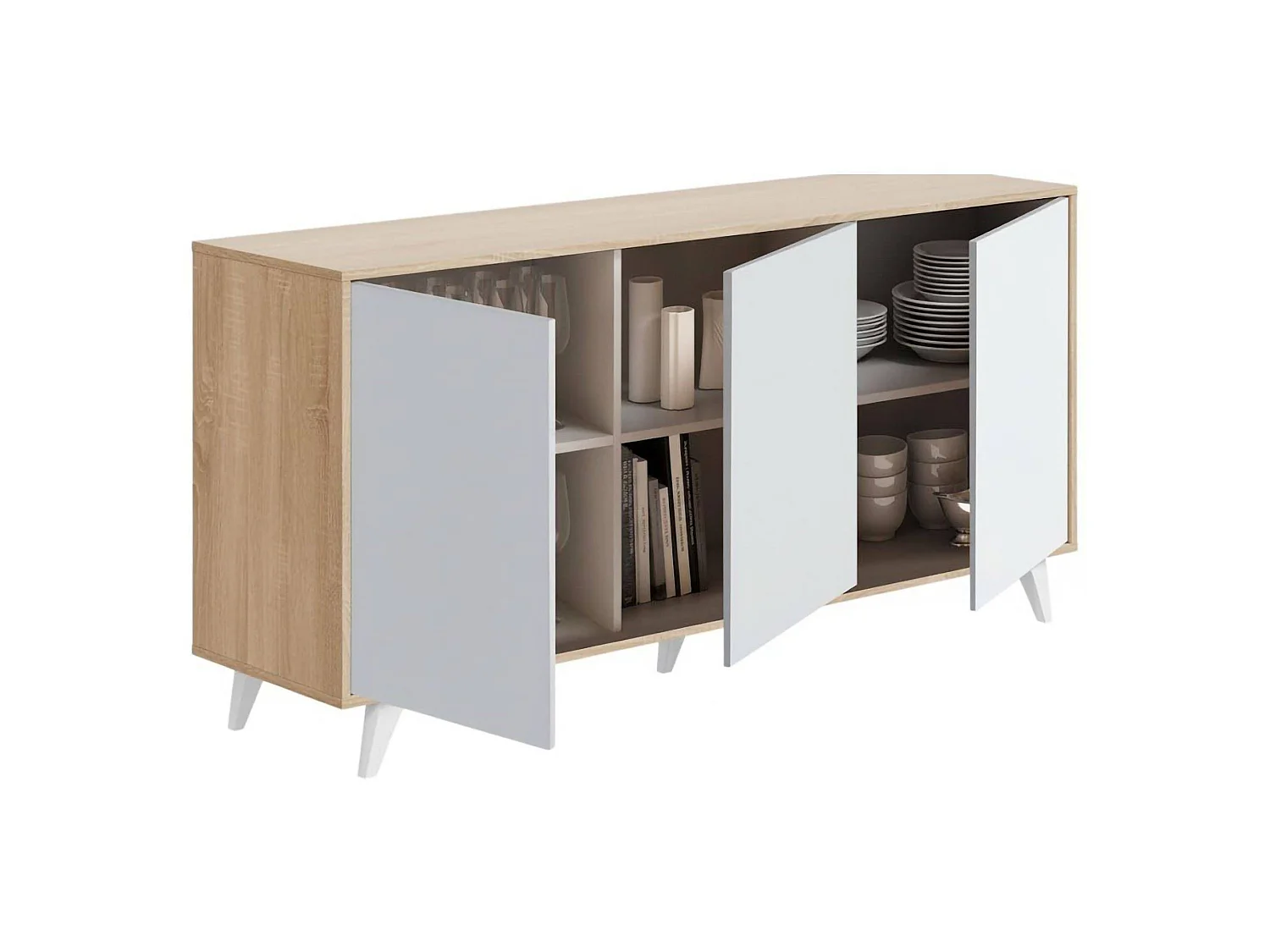 Buffet Weddell, Buffet du salon, Commode de salon, Garde-manger de cuisine, 154x40h72 cm, Chêne clair et Blanc