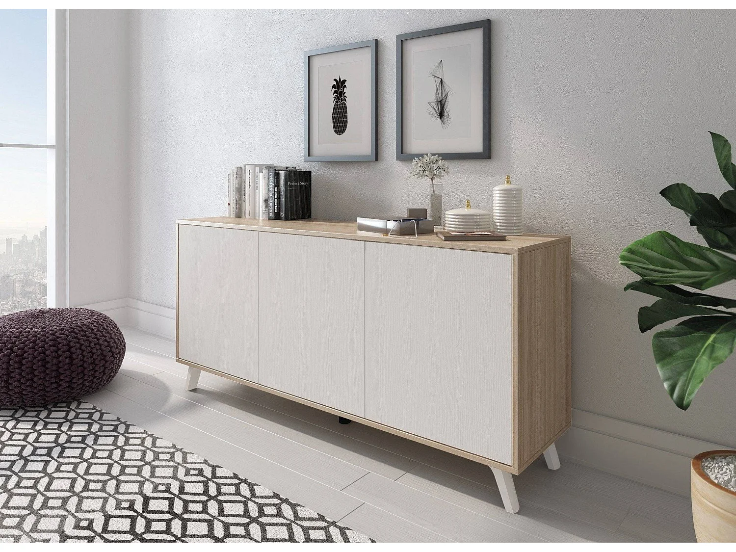 Buffet Weddell, Buffet du salon, Commode de salon, Garde-manger de cuisine, 154x40h72 cm, Chêne clair et Blanc