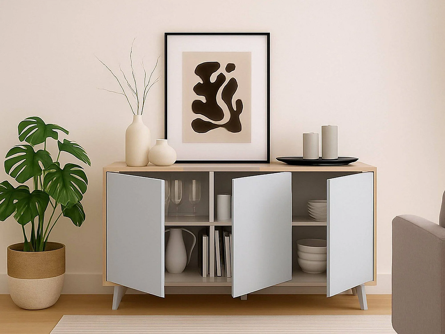 Buffet Weddell, Buffet du salon, Commode de salon, Garde-manger de cuisine, 154x40h72 cm, Chêne clair et Blanc