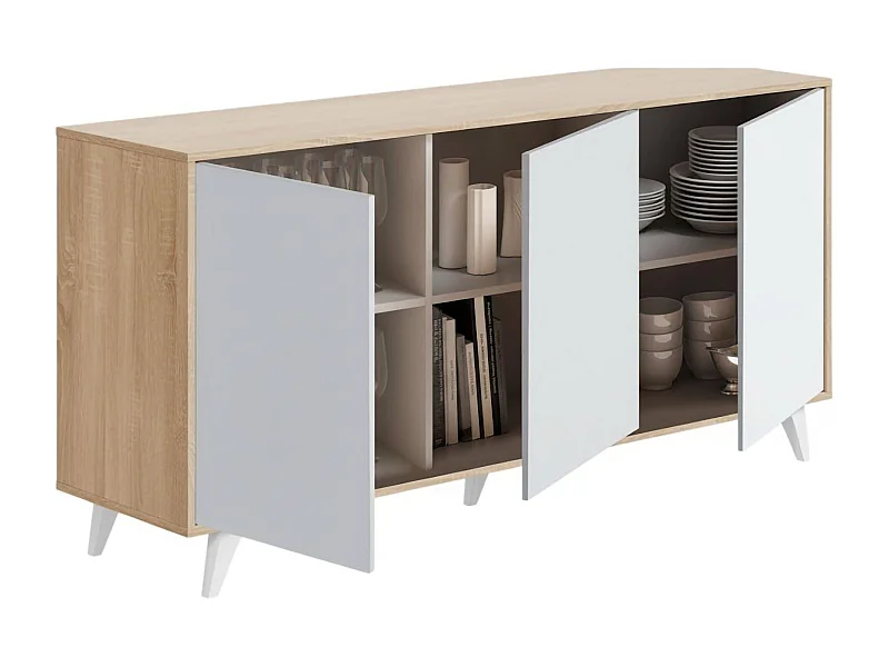 Buffet Weddell, Buffet du salon, Commode de salon, Garde-manger de cuisine, 154x40h72 cm, Chêne clair et Blanc