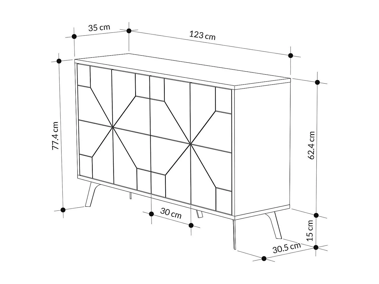 Buffet Meridian, Buffet du salon, Commode de salon, Garde-manger de cuisine, 123x35h77 cm, Chêne