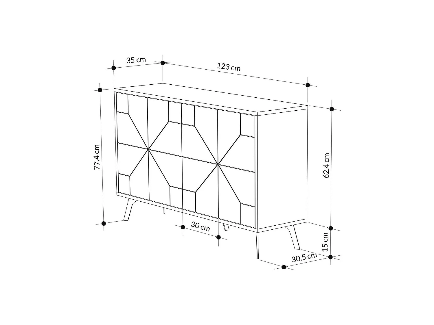 Buffet Meridian, Buffet du salon, Commode de salon, Garde-manger de cuisine, 123x35h77 cm, Chêne