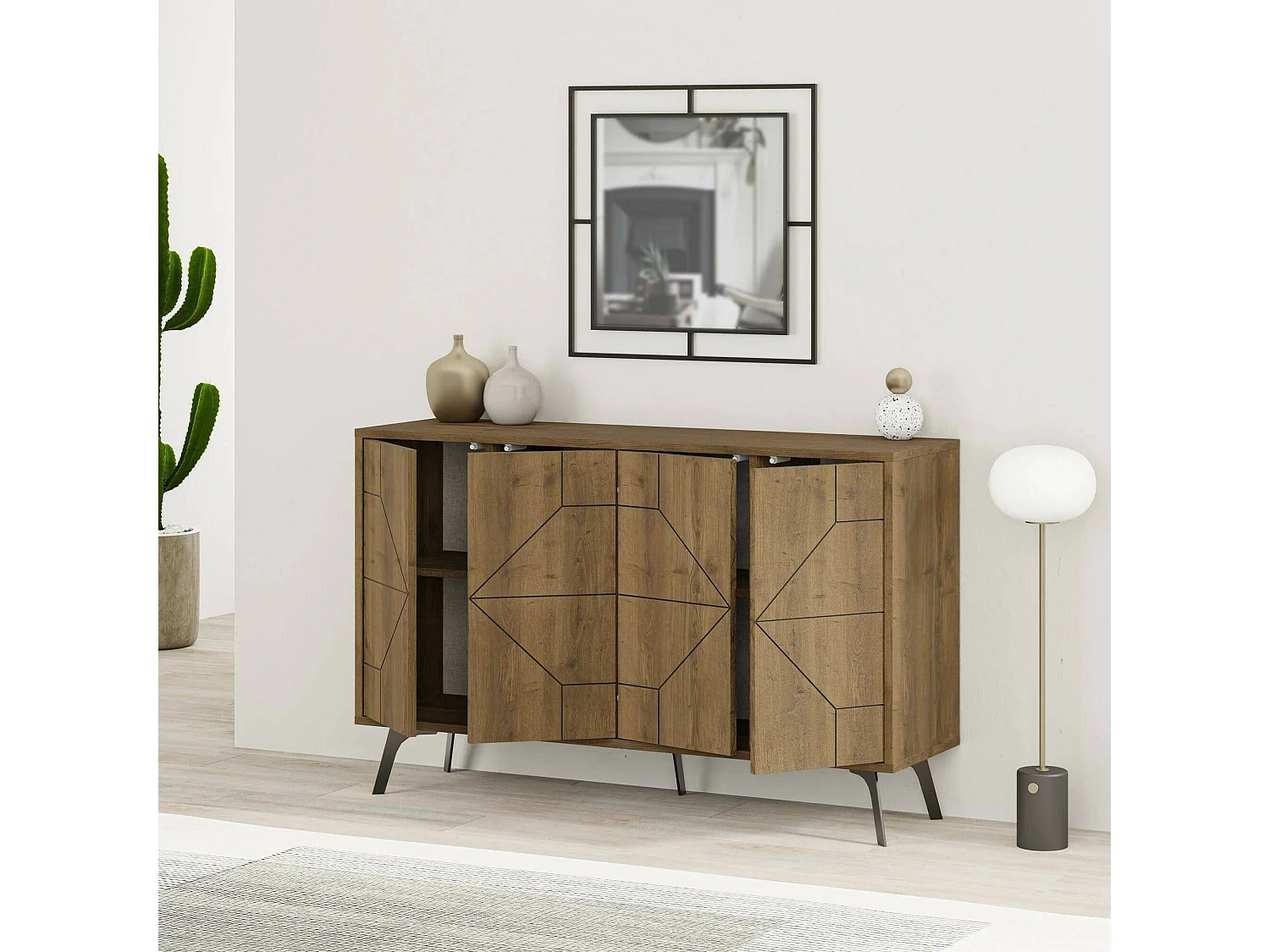 Buffet Meridian, Buffet du salon, Commode de salon, Garde-manger de cuisine, 123x35h77 cm, Chêne