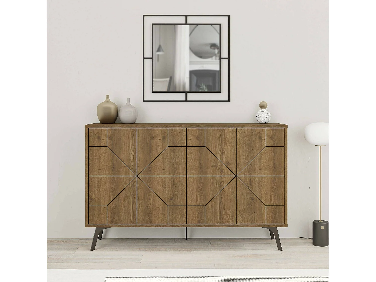 Buffet Meridian, Buffet du salon, Commode de salon, Garde-manger de cuisine, 123x35h77 cm, Chêne