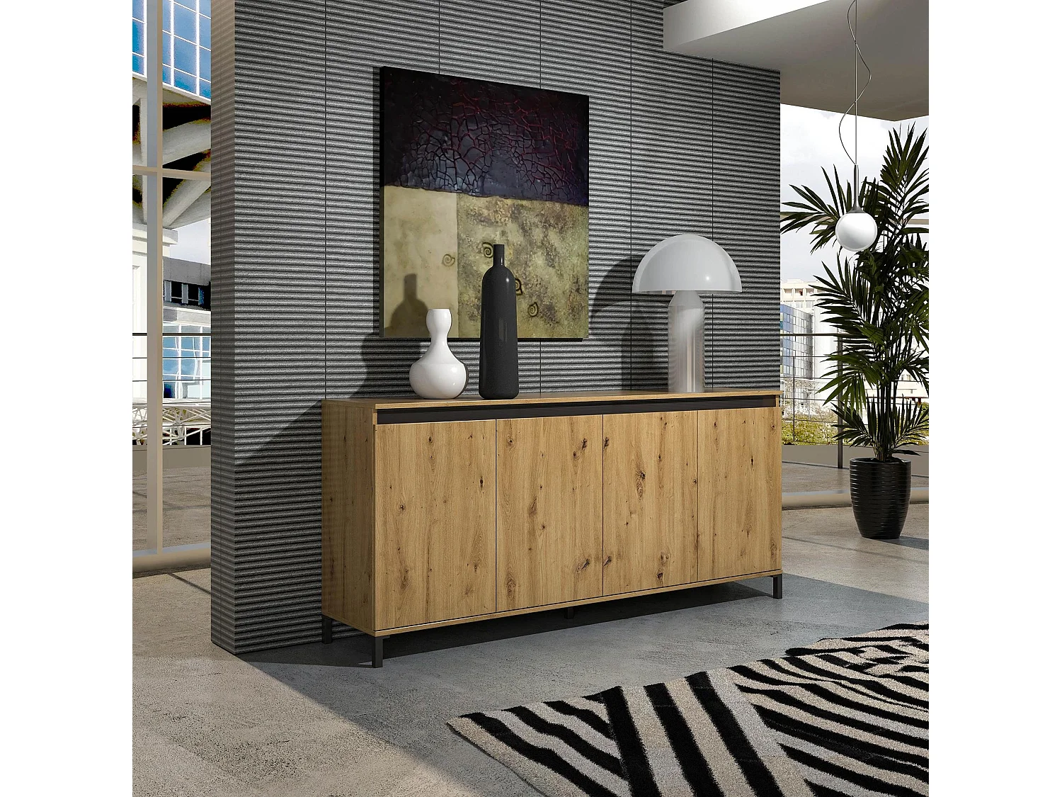 Aparador Dcerofolin, Buffet de sala de estar, Madia de sala de estar, DIspensa de cozinha, Made in Italy, 184x90h40 cm, Branco brilhante e Antracite