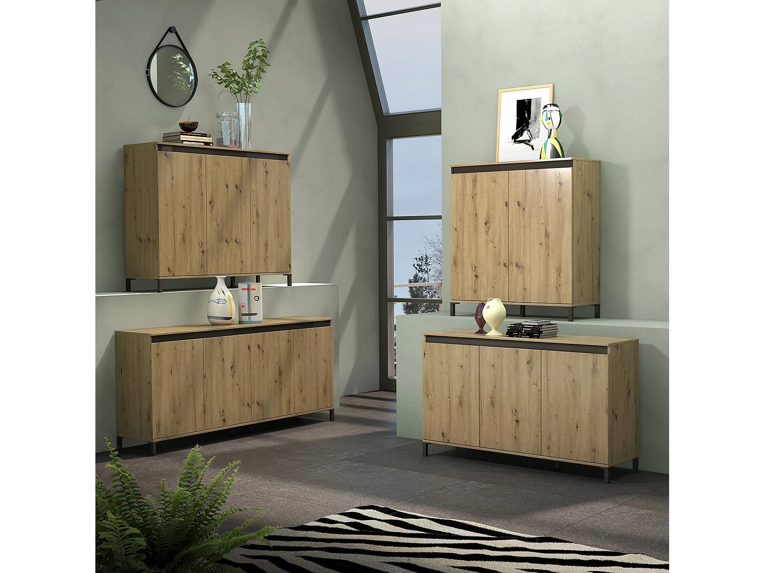 Buffet Khartoum, Buffet du salon, Commode de salon, Garde-manger de cuisine, Made in Italy, 184x90h40 cm, Blanc brillant et anthracite